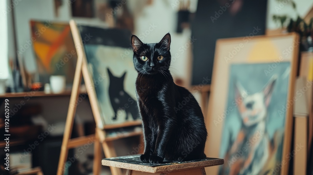 Aufkleber Black cat perched on a stool in an artistic studio surrounded by paintings and decor with ample copyspace for text and branding