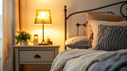 Cozy bedroom scene featuring a bedside table with a wrought iron lamp illuminating a warm atmosphere and soft bedding textures