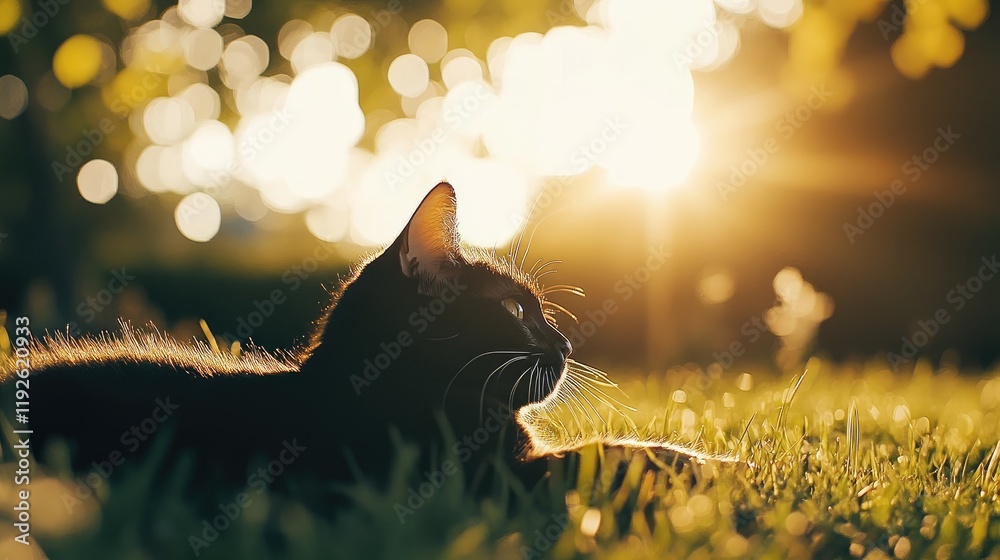 Aufkleber black cat relaxing in sun-drenched green grass with natural sunlight creating a warm ambiance and am