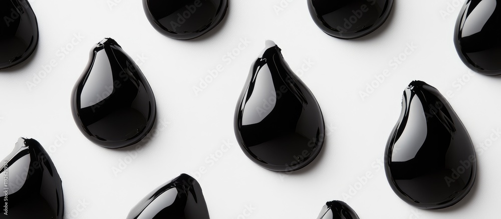 Aufkleber Black glossy tear drops arranged on a white background creating a minimalist design with space for text or advertisements.