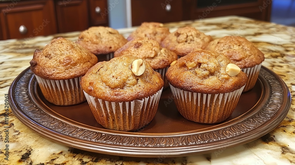 Poster banana nut muffins displayed on elegant serving tray with decorative edge