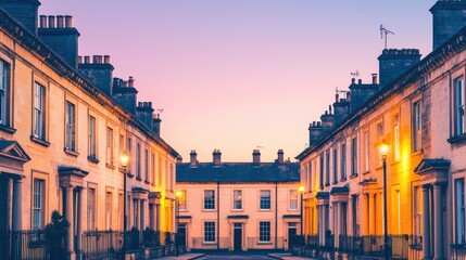 Fototapeta premium A picturesque street at dusk, showcasing charming row houses illuminated by warm lights against a vibrant sky.