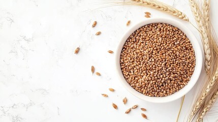 Bowl of wheat grains with rye or barley on white background showcasing natural textures and agricultural elements in a top view composition