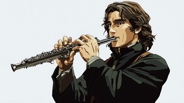 A stylized illustration of a man with long brown hair intensely playing a flute.