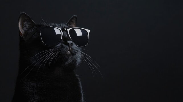 Cool black cat wearing stylish sunglasses on a solid dark background with ample copyspace for text and design elements.