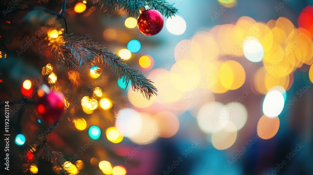 Aufkleber Bokeh effect from a Christmas tree adorned with colorful ornaments and lights creating a festive atmosphere in the background.