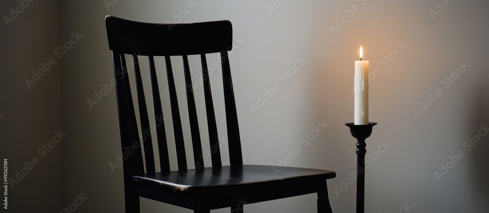 Poster elegant black chair beside a white candle in a minimalist room with ample space for customizable tex
