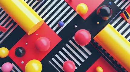 Fototapeta premium Abstract 3D shapes in vibrant colors on a black and white striped background.