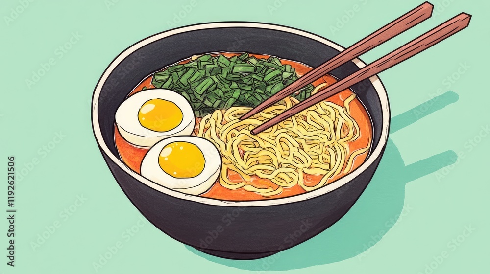 Aufkleber bowl of ramen noodles with soft boiled eggs and fresh green garnish served with chopsticks on a soli