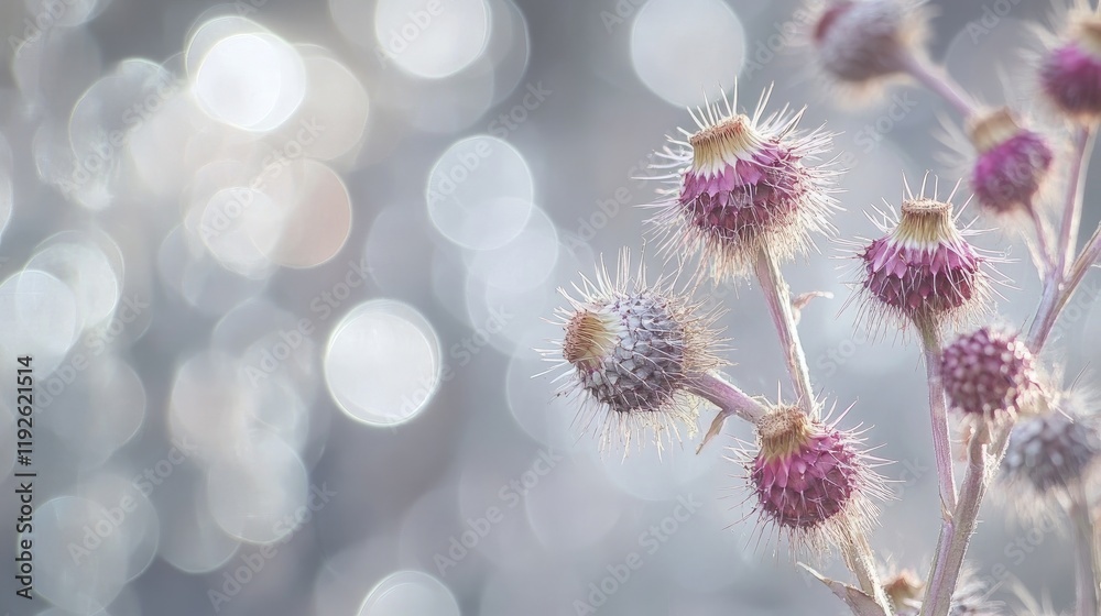 Poster abstract close-up of burdock and spindle plants against a shimmering silver bokeh background highlig