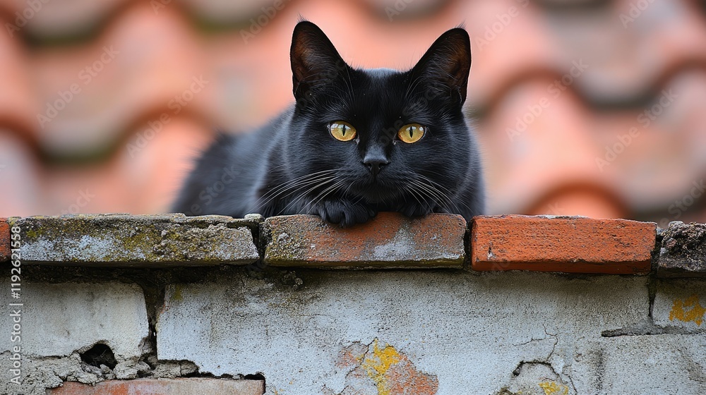 Poster Black cat resting on a chimney with vibrant eyes in a rustic setting ideal for creative text applications