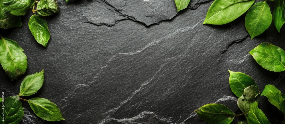 Aufkleber Dark slate surface framed with vibrant green leaves creating a nature-inspired background with space for text or branding elements.