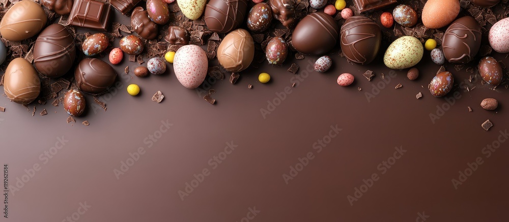 Poster chocolate easter eggs and assorted sweets on a rich brown background with ample space for personaliz