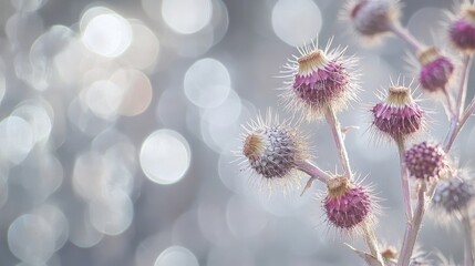 Obraz premium Abstract close-up of burdock and spindle plants against a shimmering silver bokeh background highlighting natural beauty and texture.