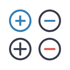 Fototapeta premium Four circular icons displaying plus and minus symbols in blue and red tones, representing addition and subtraction functions.
