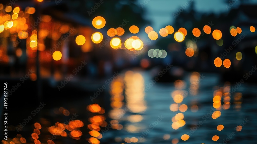 Leinwandbilder bokeh lights reflecting on water from a vibrant floating market at dusk creating a serene atmospheri