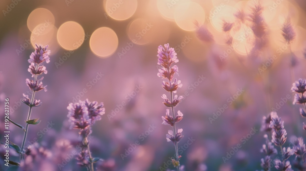 Poster bokeh purple flower background with soft blurred lights for dreamy and tranquil nature aesthetics