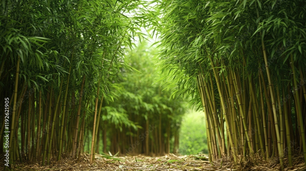 Poster lush bamboo grove creating a serene natural pathway surrounded by vibrant green foliage in a wild fo