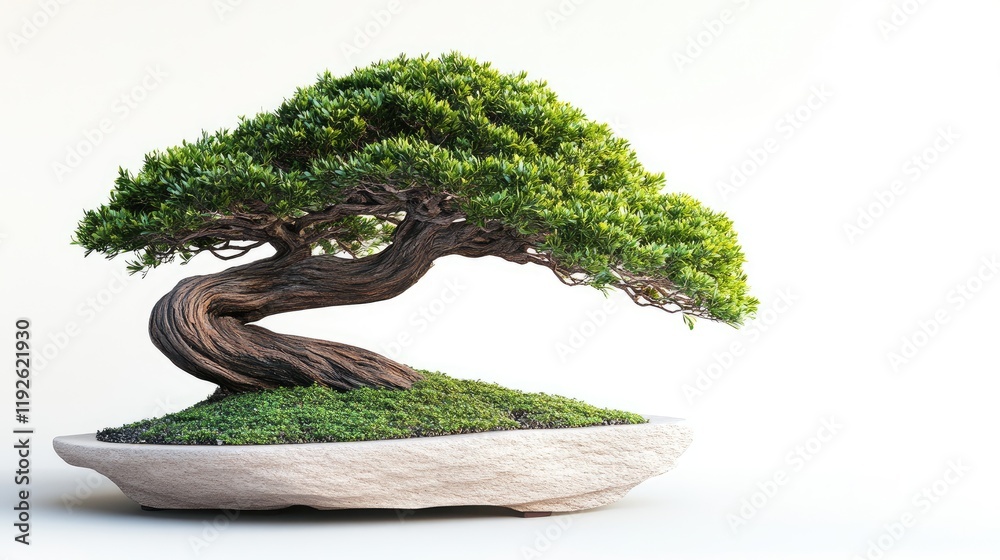 Poster Bonsai tree in bending style showcasing intricate craftsmanship on a minimalist isolated background