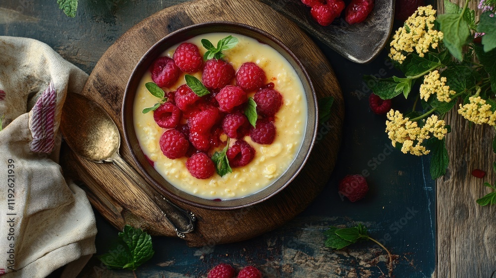 Aufkleber oatmeal bowl garnished with fresh raspberries and mint on a rustic wooden surface with natural eleme