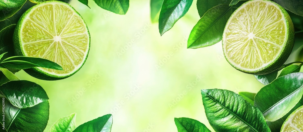 Aufkleber vibrant lime halves surrounded by fresh leaves against a luminous background with ample space for cu