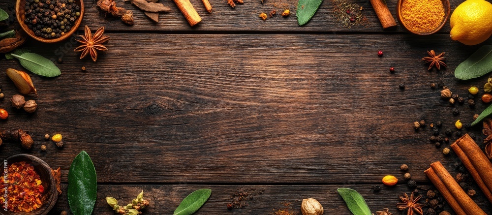 Poster herbs and spices banner on rustic wooden table with blank space for text and culinary ingredients ar