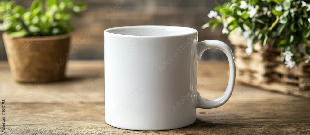 Aufkleber Black Coffee in Classic White Ceramic Mug on Rustic Table with Greenery and Empty Space for Custom Text or Branding