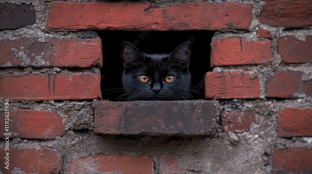 Poster black cat peering through a brick chimney showcasing its striking gaze with ample copyspace for crea