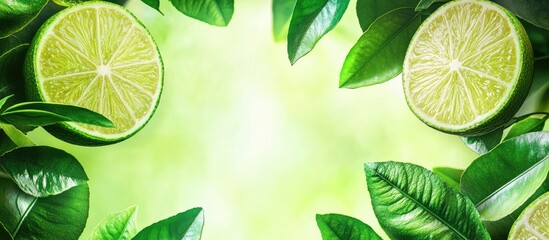 Vibrant lime halves surrounded by fresh leaves against a luminous background with ample space for custom text and branding