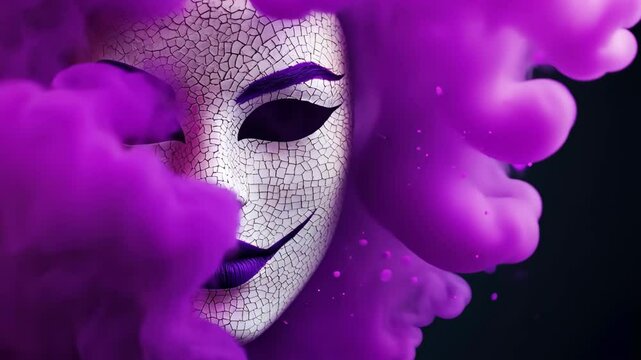 Woman's face is shown with purple smoke surrounding it. The smoke is coming from a fire, and the woman's face is distorted by the smoke. Scene is eerie and unsettling