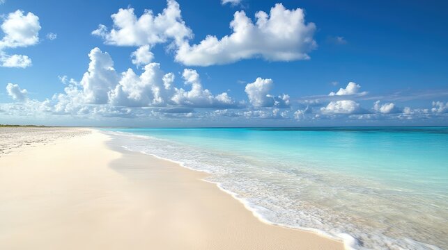 Pristine beach landscape with soft white sand and crystal clear turquoise waters under a bright blue sky with fluffy clouds