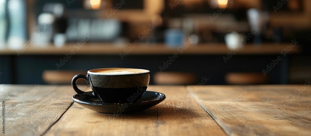 Aufkleber Black coffee cup on rustic wooden table in a cozy cafe setting with ample empty space for text or branding opportunities