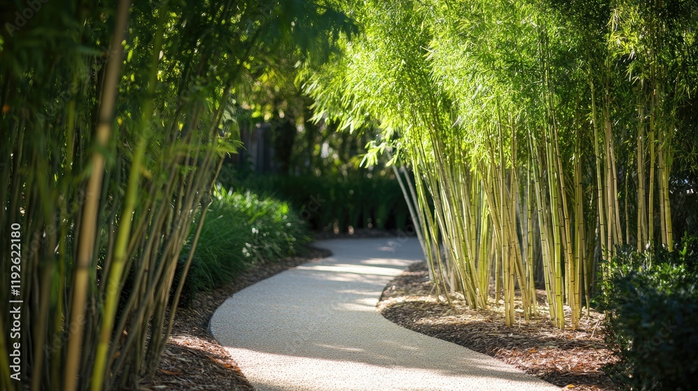 Poster Serene pathway through lush bamboo trees in a tranquil garden setting with vibrant greenery and soft sunlight filtering through leaves