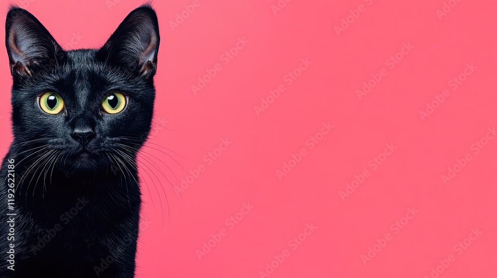 Poster black cat with striking green eyes on vibrant pink background featuring ample copyspace for personal