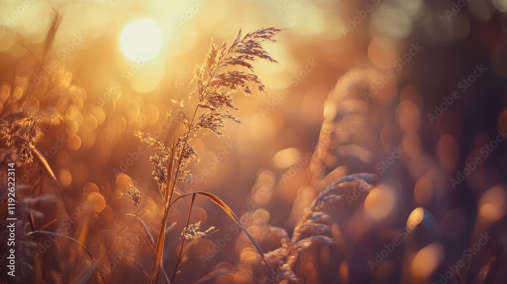 Poster Soft bokeh effect capturing golden light through grass at twilight creating a serene and tranquil atmosphere in nature.