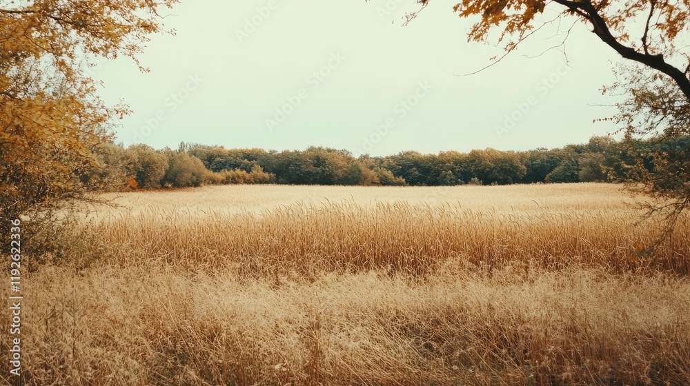 Aufkleber golden wheat field in autumn scenery showcasing rustic countryside and dry rye stems emphasizing hea