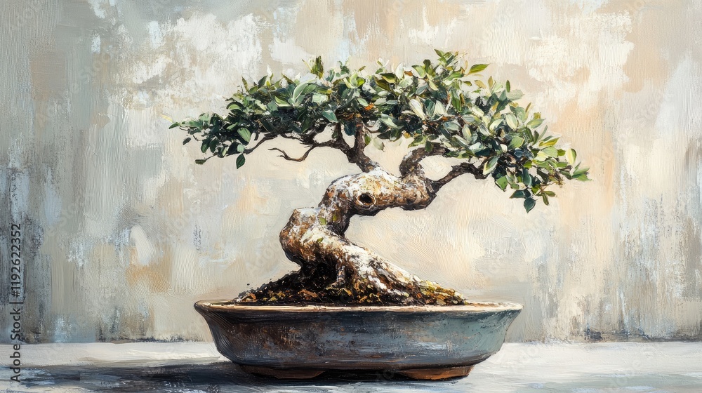 Poster artistic representation of a majestic bonsai tree in a ceramic pot against a textured background sho