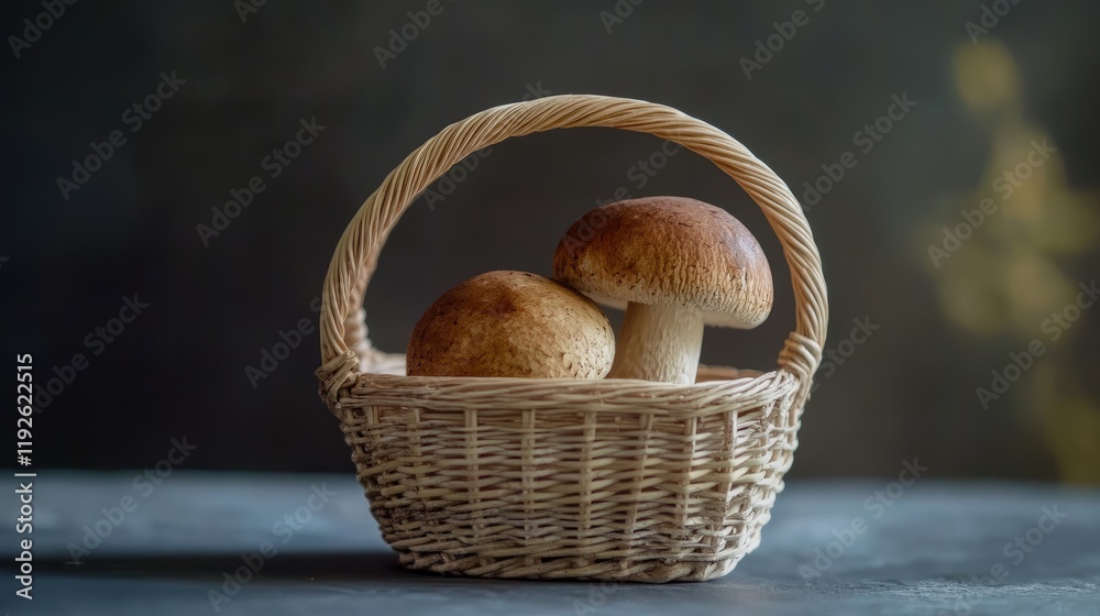 Poster boletus edulis mushrooms in a rustic basket on a dark background showcasing natural textures and ear