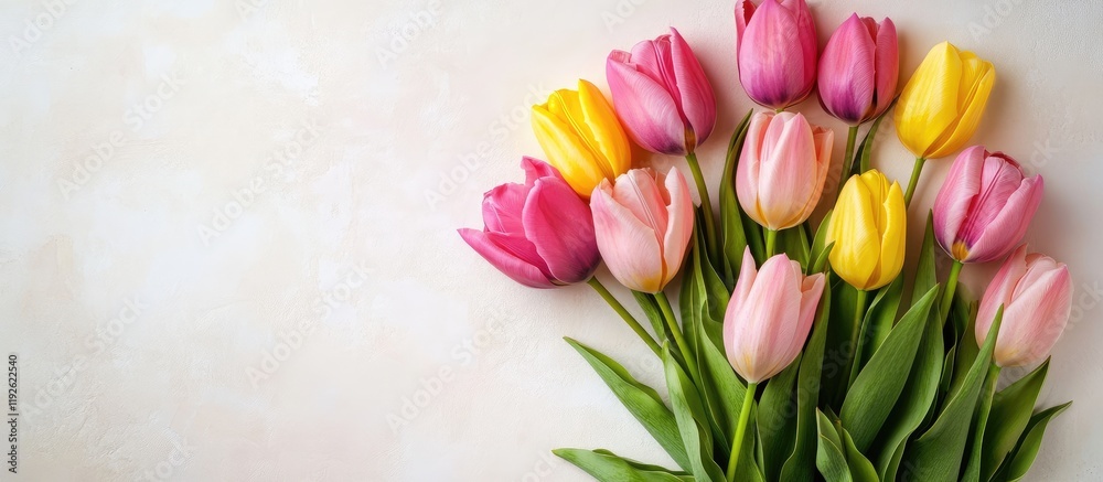 Poster Colorful bouquet of tulips on a soft light background with ample copyspace for text and promotional messages