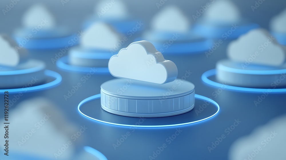 Poster 3d cloud icon on circular platform surrounded by soft blue light in a digital environment