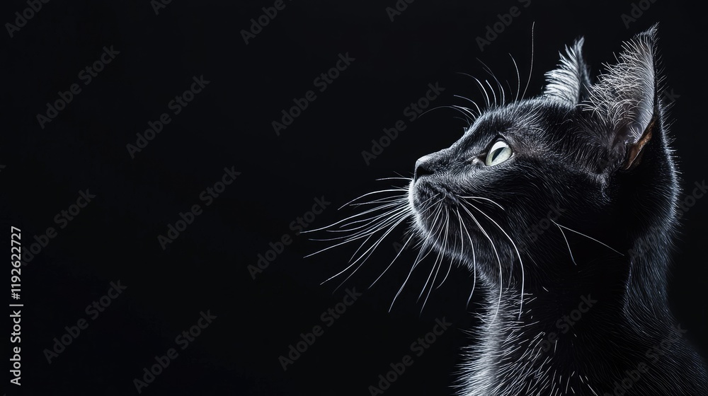 Poster Black cat with white markings profile against black background showcasing features and copyspace for text addition