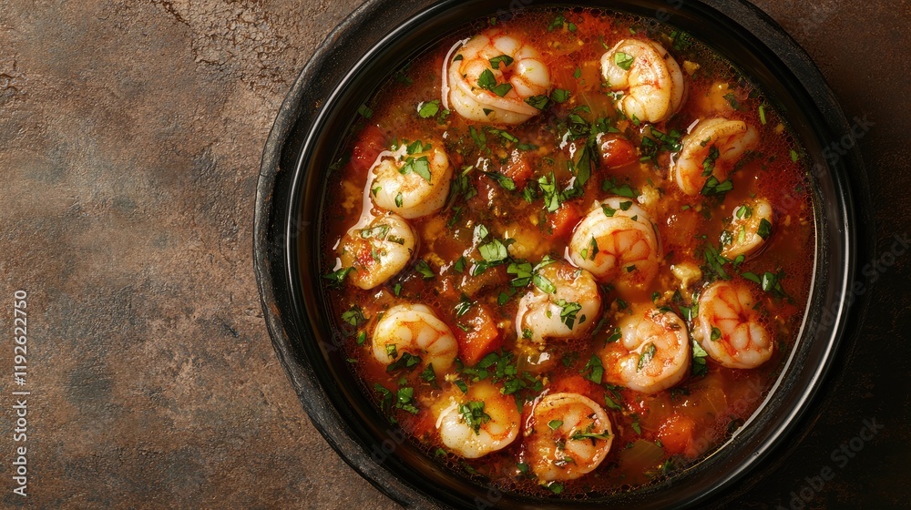 Aufkleber nutritious seafood soup featuring shrimp and scallops garnished with fresh herbs in a black bowl on 