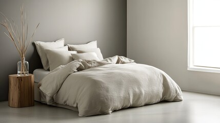 A spacious modern bedroom with neutral gray tones