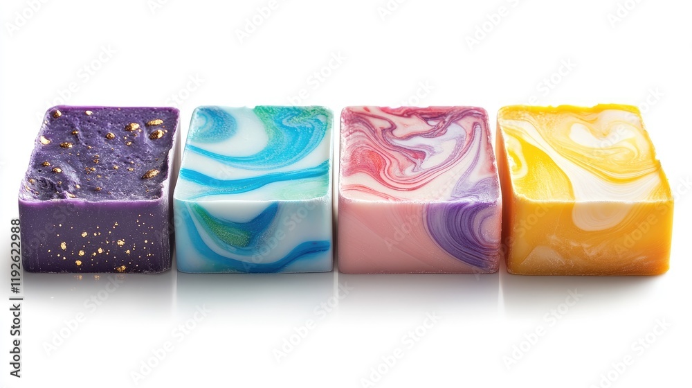 Poster colorful artisanal soaps with swirls and textures displayed on a white background showcasing beauty 