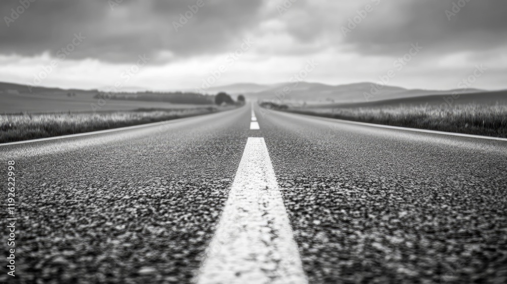 Poster Monochrome bokeh effect on an empty road with distant mountains and cloudy sky creating a serene, atmospheric landscape scene