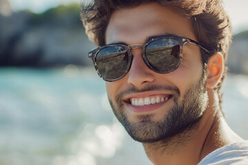 Generative AI photo of handsome man on exotic vacation in tropics