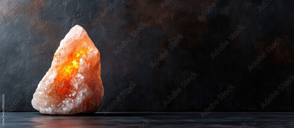 Poster Crystal salt lamp illuminated against a dark backdrop with ample space for text or messaging creating a serene atmosphere and aesthetic appeal