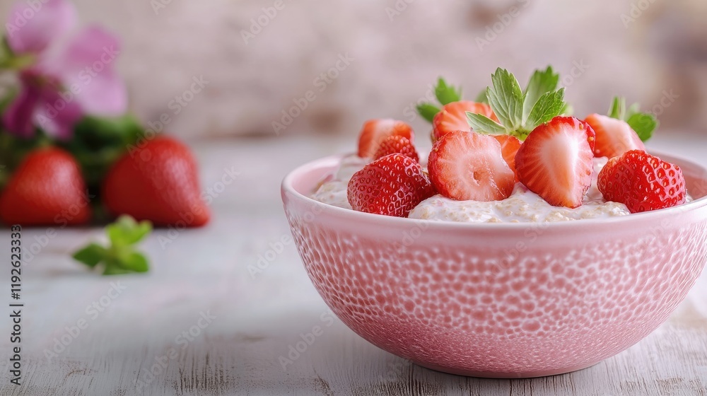 Poster Bowl of delicious porridge topped with fresh strawberries on a rustic table with empty space for text or branding elements