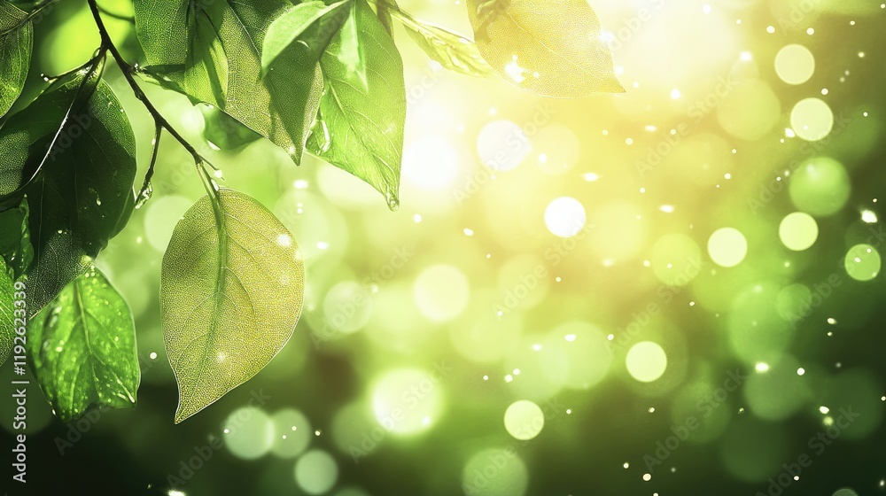Poster bokeh effect of green leaves with sunlight creating a serene natural background for design and photo