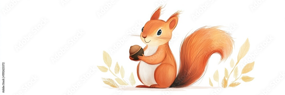 Poster cute illustration of a friendly squirrel holding an acorn surrounded by leafy accents in a bright se